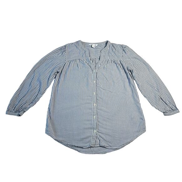 Old Navy Stripe Shirred Tunic Button Up Blouse Size Medium Nautical Coastal - Picture 2 of 7